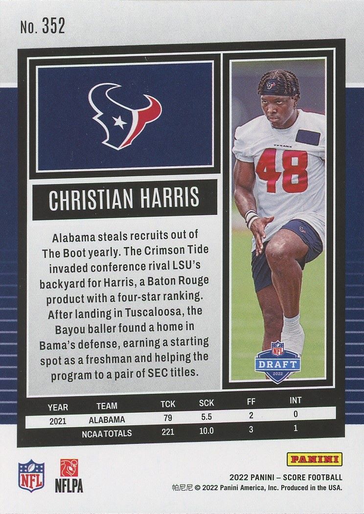 2022 Score Football Christian Harris Rookie #352