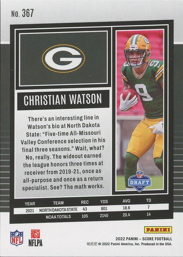 2022 Score Christian Watson Rookie #367