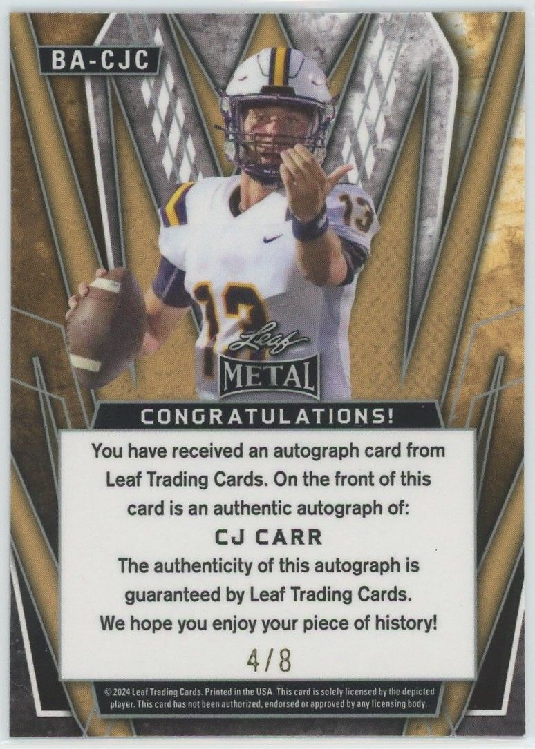 2024 Leaf Metal Football CJ Carr Silver Cracked Ice Auto #4/8 #BA-CJC