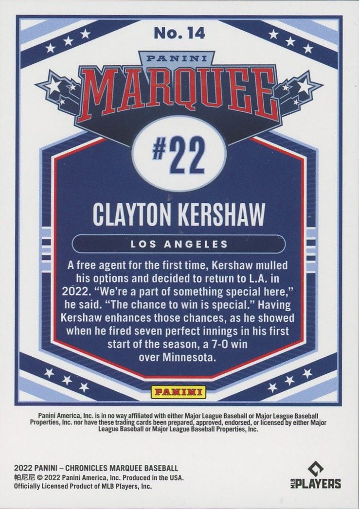 2022 Panini Chronicles Marquee Clayton Kershaw #14