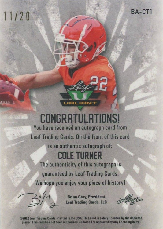 Cole Turner 2022 Leaf Valiant Navy Auto Rookie XRC #11/20 #BA-CT1 Clemson