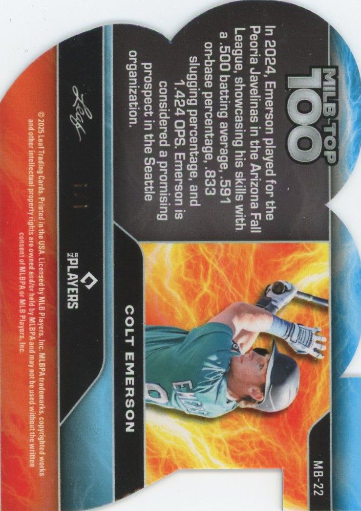 Colt Emerson 2025 Baseball Nation MILB Top 100 Die-Cut Cracked Ice #1/1 #MB-22
