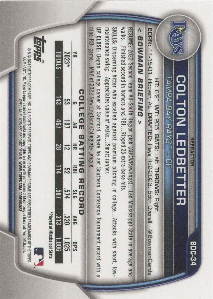 2023 Bowman Chrome Draft Colton Ledbetter 1st Bowman Refractor #BDC-34