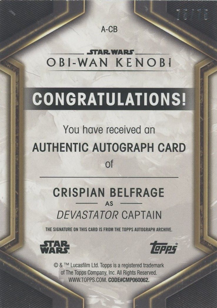 2023 Topps Obi Kenobi Devastator Captain Crispian Belfrage Green Auto #/75 #A-CB