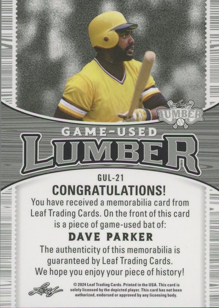 2024 Leaf Lumber Dave Parker Game-Used Bat Relic #38/40 #GUL-21 Pirates