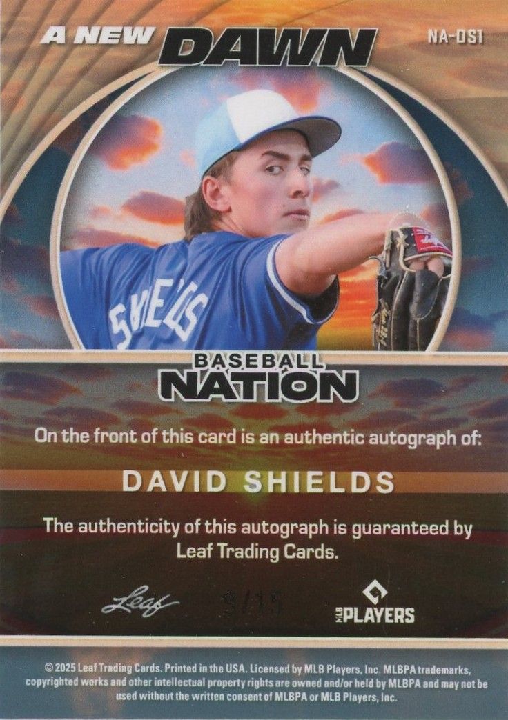 David Shields 2025 Leaf Baseball Nation A New Dawn Silver Sparkle Auto #9/15 #NA-DS1