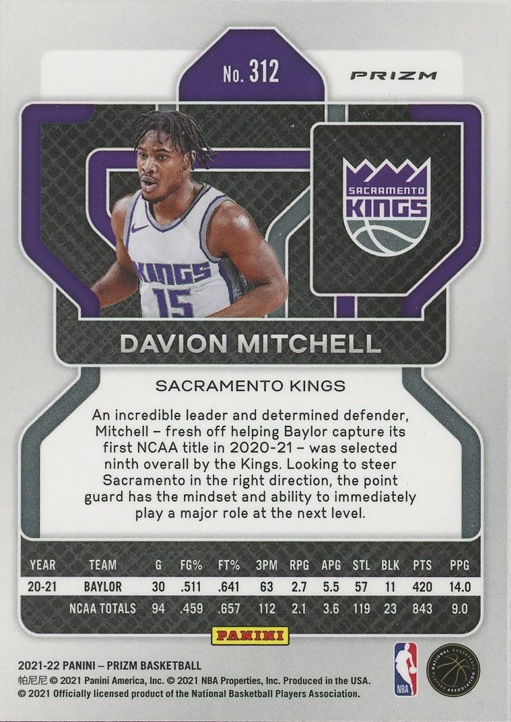 2021-22 Panini Prizm Davion Mitchell Red White Blue Rookie #312