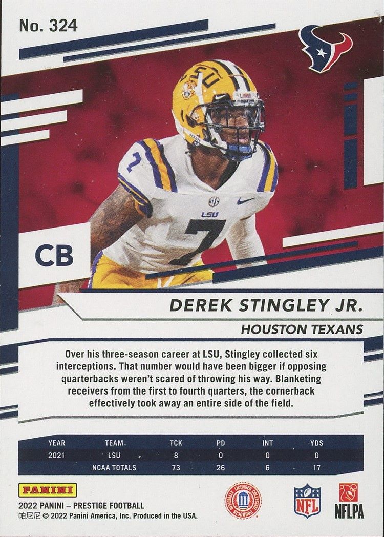 2022 Panini Prestige Derek Stingley Jr. Rookie #324