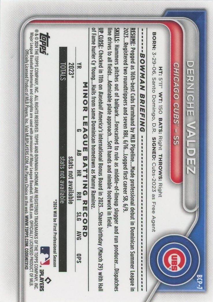 2024 Bowman Chrome Derniche Valdez #BCP-7 Chicago Cubs