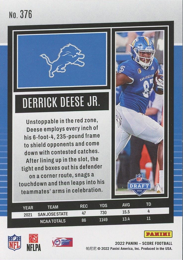 2022 Score Derrick Deese Jr. Rookie #376