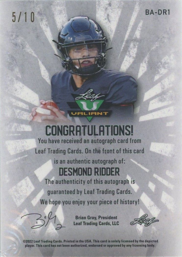 Desmond Ridder 2022 Leaf Valiant Sky Blue Auto Rookie XRC #5/10 #BA-DR1