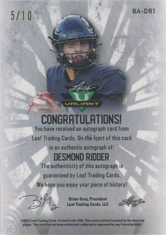 Desmond Ridder 2022 Leaf Valiant Sky Blue Auto Rookie XRC #5/10 #BA-DR1