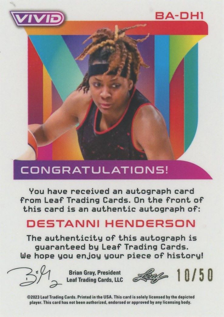 2022-23 Leaf Vivid Destanni Henderson Auto Yellow #10/50 #BA-DH1