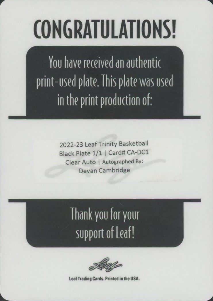 2023 Leaf Trinity Devan Cambridge Black Plate Clear Auto #1/1 #CA-DC1