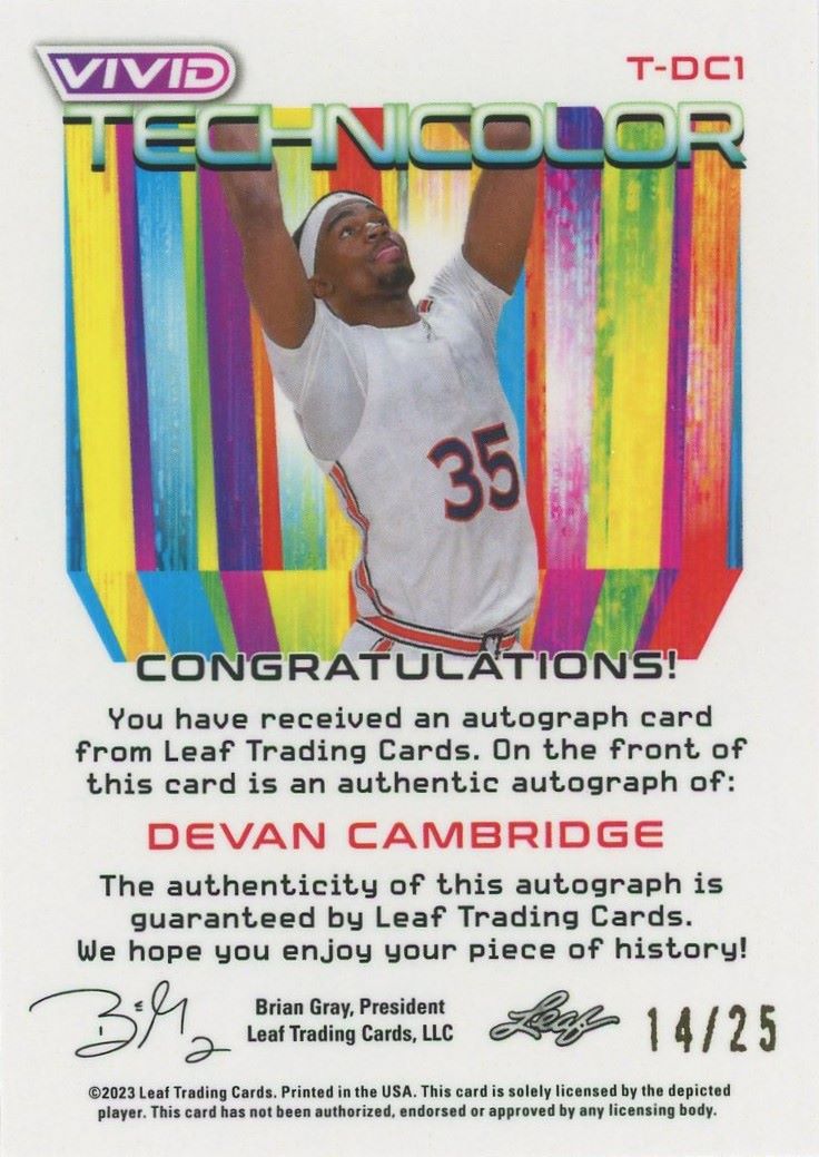 Devan Cambridge 2022-23 Leaf Vivid Technicolor Autograph Auto #14/25 #T-DC1