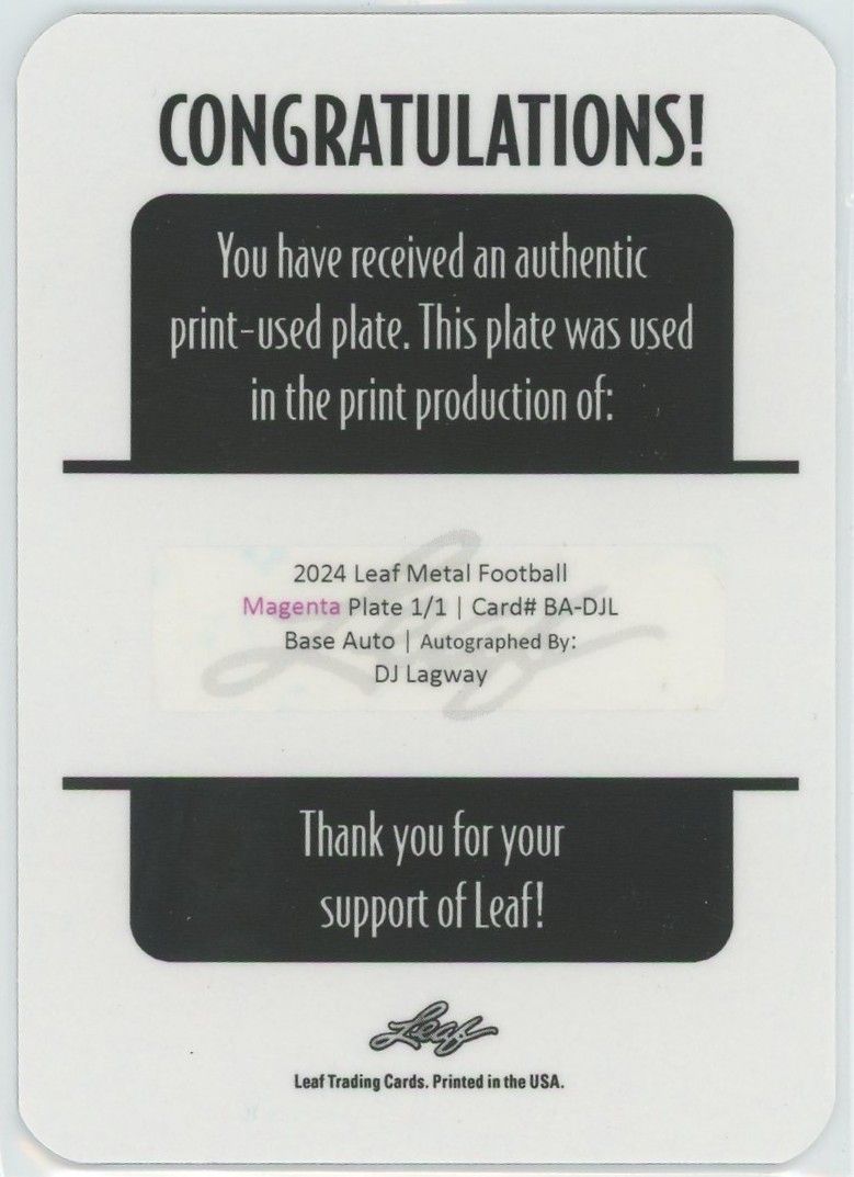 2024 Leaf Metal Football DJ Lagway Magenta Printing Plate Auto #1/1 #BA-DJL