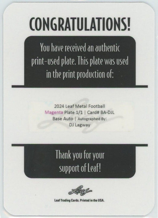 2024 Leaf Metal Football DJ Lagway Magenta Printing Plate Auto #1/1 #BA-DJL