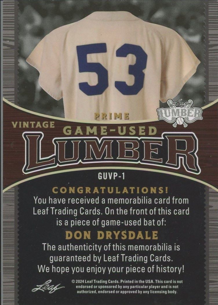 2024 Leaf Lumber Don Drysdale Vintage Game Used Lumber Brown #3/5 #GUVP-1