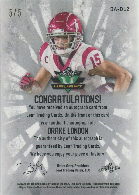 Drake London 2022 Leaf Valiant Violet Rookie XRC Auto #5/5 #BA-DL2