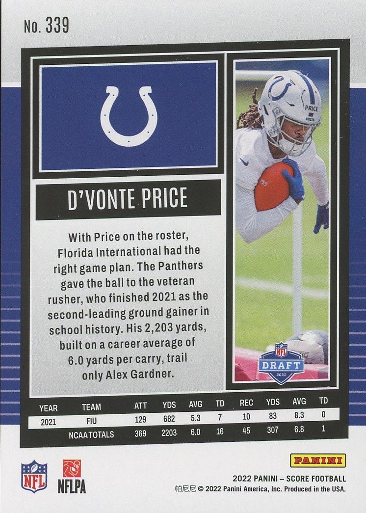 2022 Panini Score D’vonte Price Rookie #339