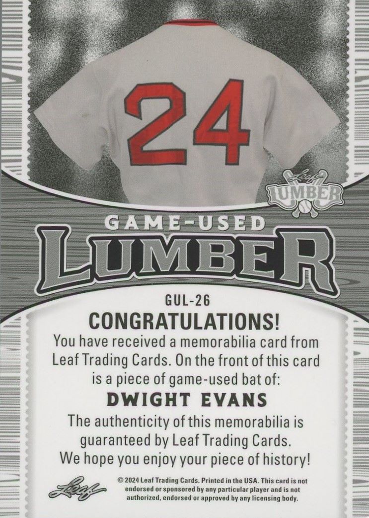 2024 Leaf Lumber Dwight Evans Game Used Lumber Jumbo Bat Relic #40/40 #GUL-26