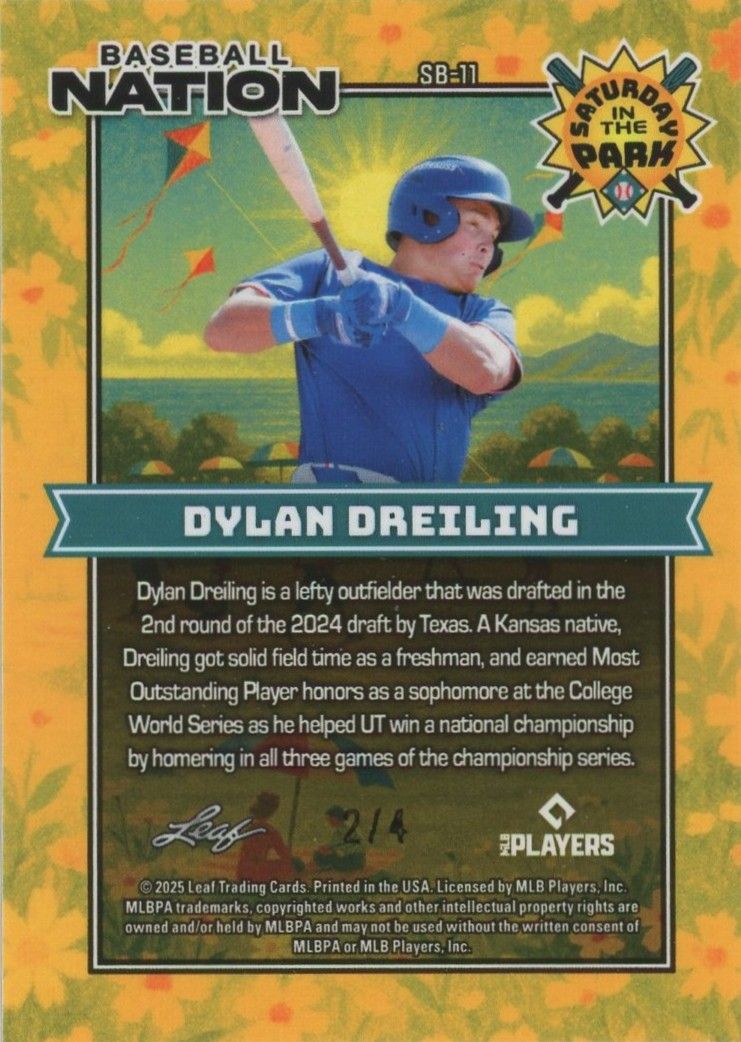 Dylan Dreiling 2025 Leaf Baseball Nation Orange Disco #2/4 #SB-11