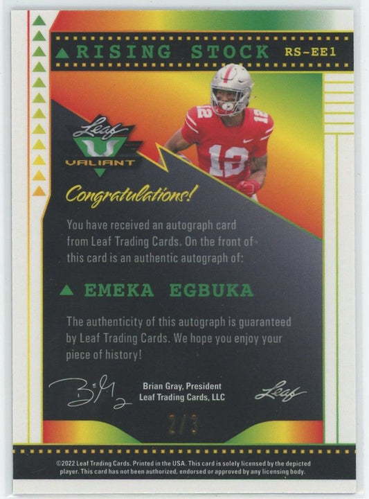 2022 Leaf Valiant Football Emeka Egbuka Rising Stock Snakeskin Cracked Ice Auto #2/3 #RS-EE1