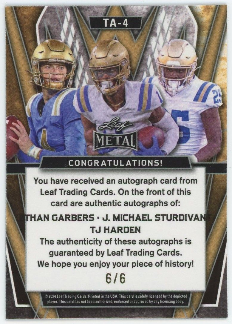 2024 Leaf Metal Ethan Garbers Michael Sturdivant TJ Harden Silver Laser Auto #6/6