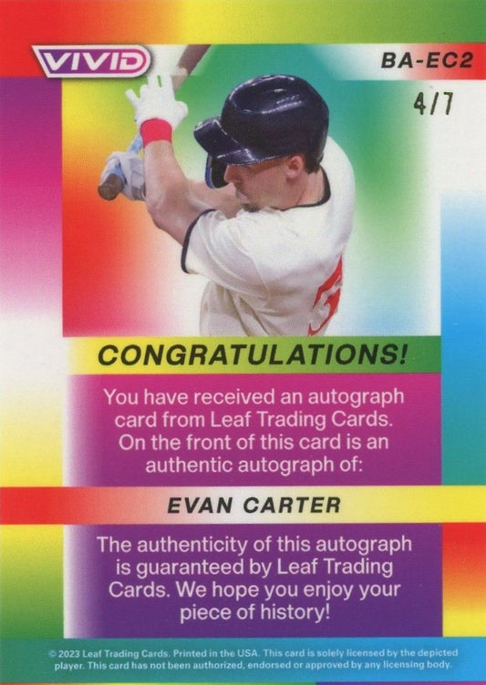 Evan Carter 2023 Leaf Vivid Purple Auto #4/7 #BA-EC2