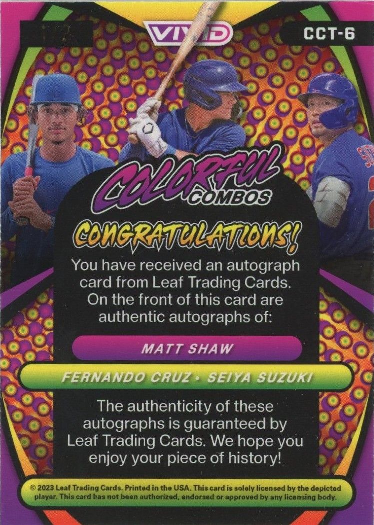 Shaw, Seiya Suzuki & Cruz 2023 Leaf Vivid Colorful Combos Auto Purple Mojo #1/2 #CCT-6