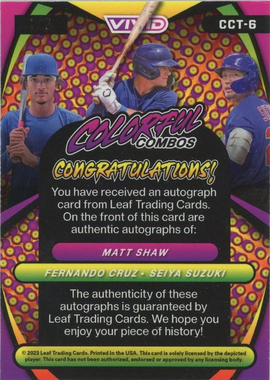 Shaw, Seiya Suzuki & Cruz 2023 Leaf Vivid Colorful Combos Auto Purple Mojo #1/2 #CCT-6