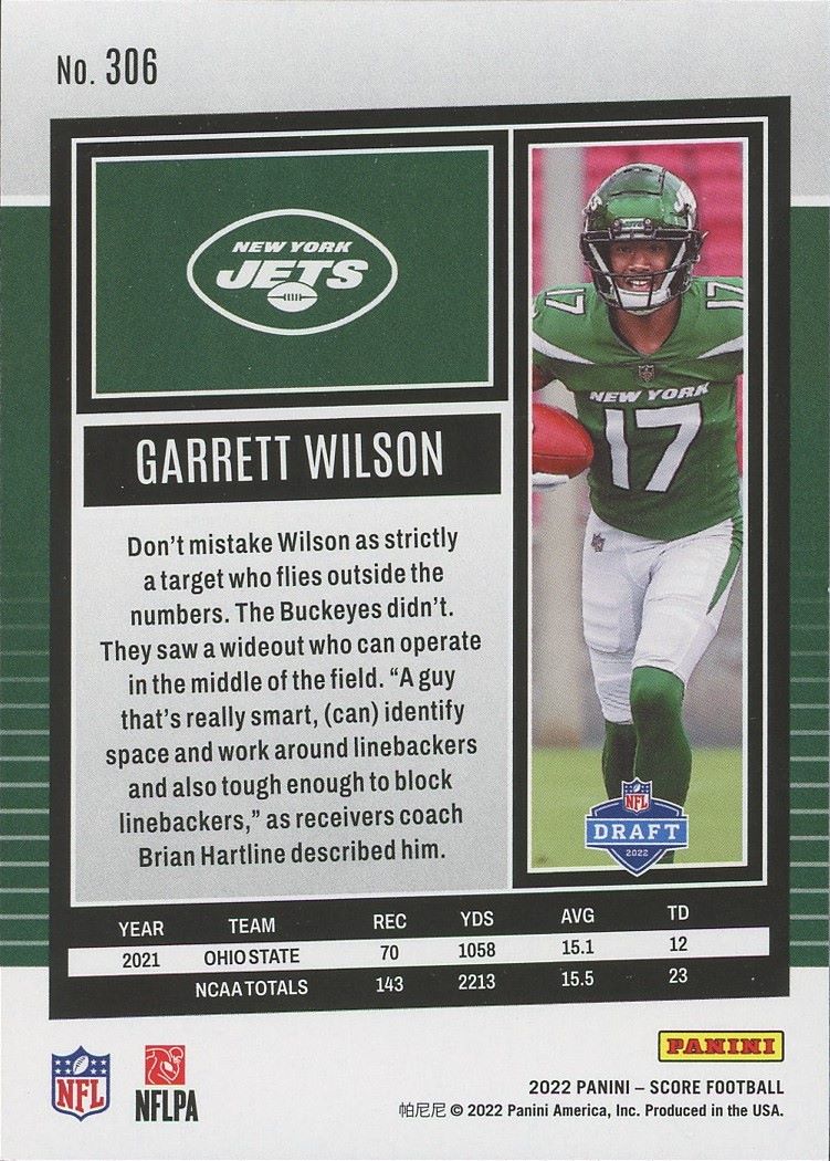 2022 Panini Score Garrett Wilson Rookie #306