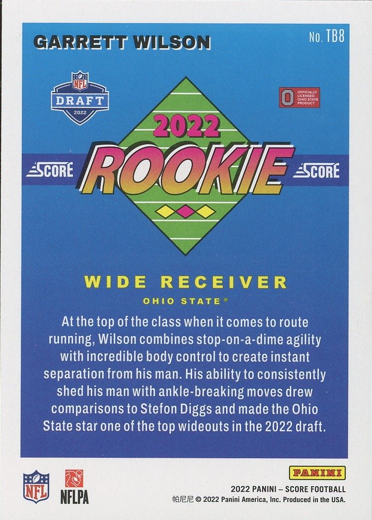 2022 Panini Score Garrett Wilson Rookie #TB8