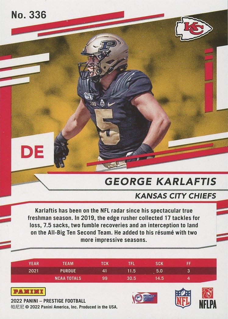 2022 Panini Prestige George Karlaftis Rookie #336 Chiefs