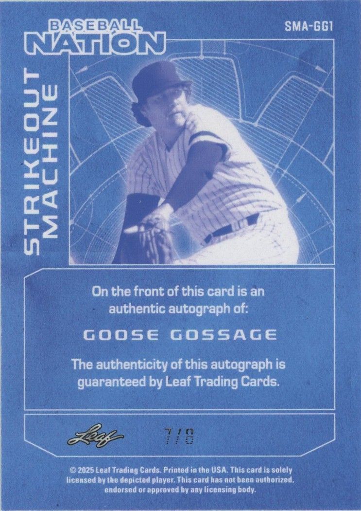 Goose Gossage 2025 Leaf Baseball Nation Strikeout Machine Silver Auto #7/8 #SMA-GG1