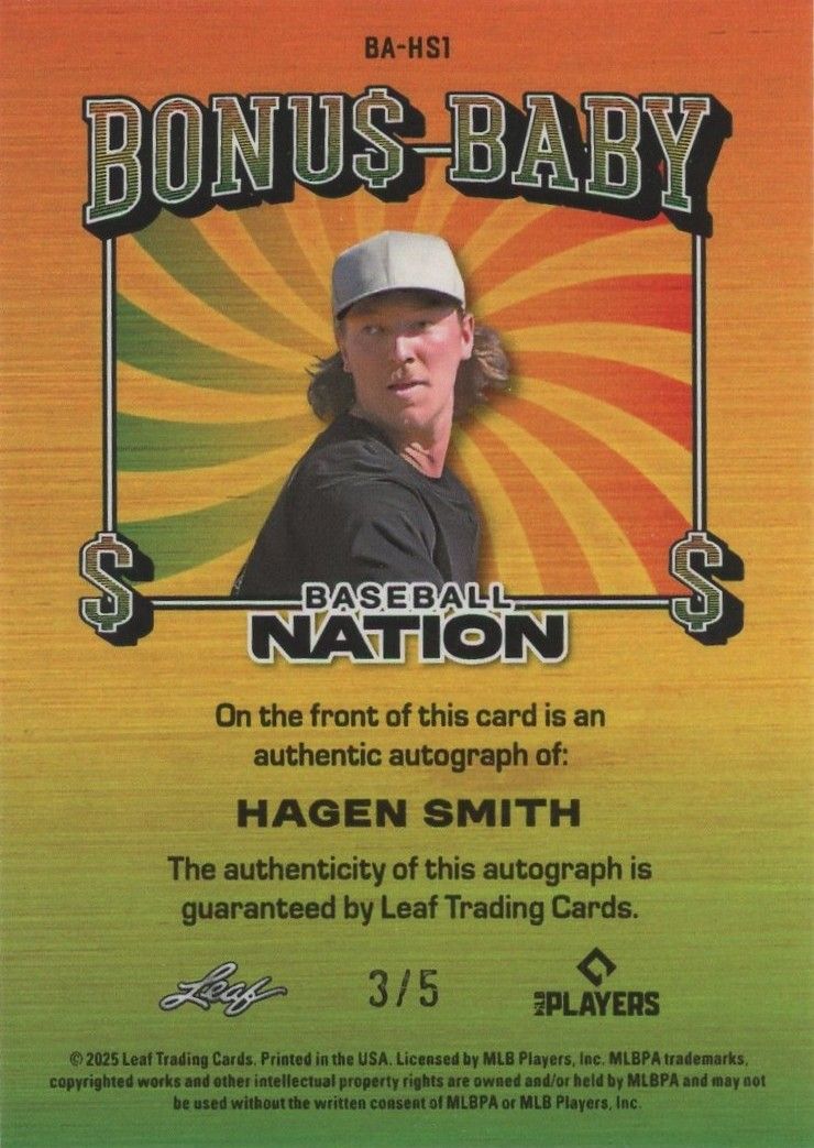 Hagen Smith 2025 Leaf Baseball Nation Bonus Baby Green Auto #3/5 #BA-HS1