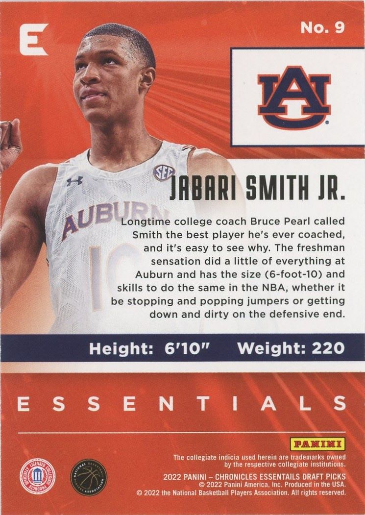 2022 Panini Chronicles Jabari Smith Jr Draft Picks Essentials Rookie #9