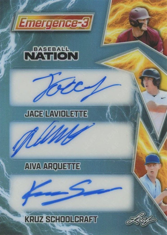 Jace Laviolette/Aiva Arquette/Kruz Schoolcraft 2025 Leaf Nation Silver Auto #2/3 #E3-8