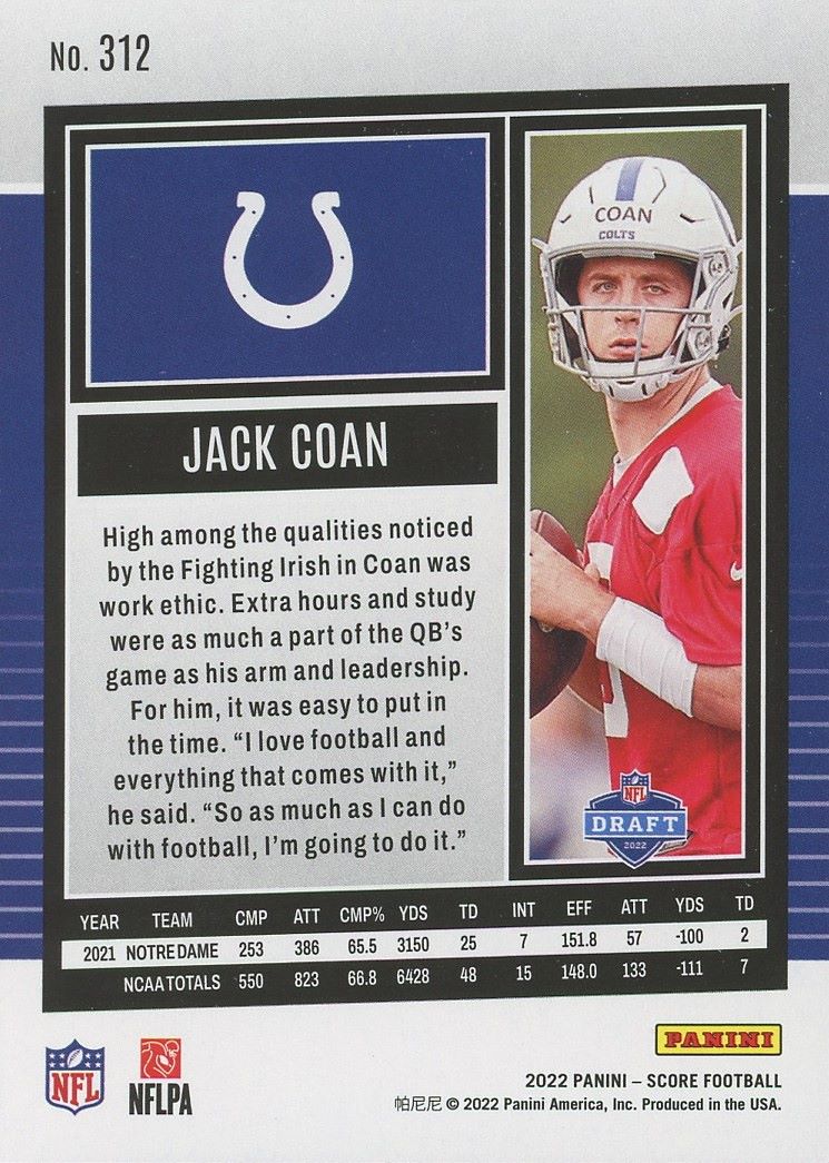 2022 Score Jack Coan Rookie #312