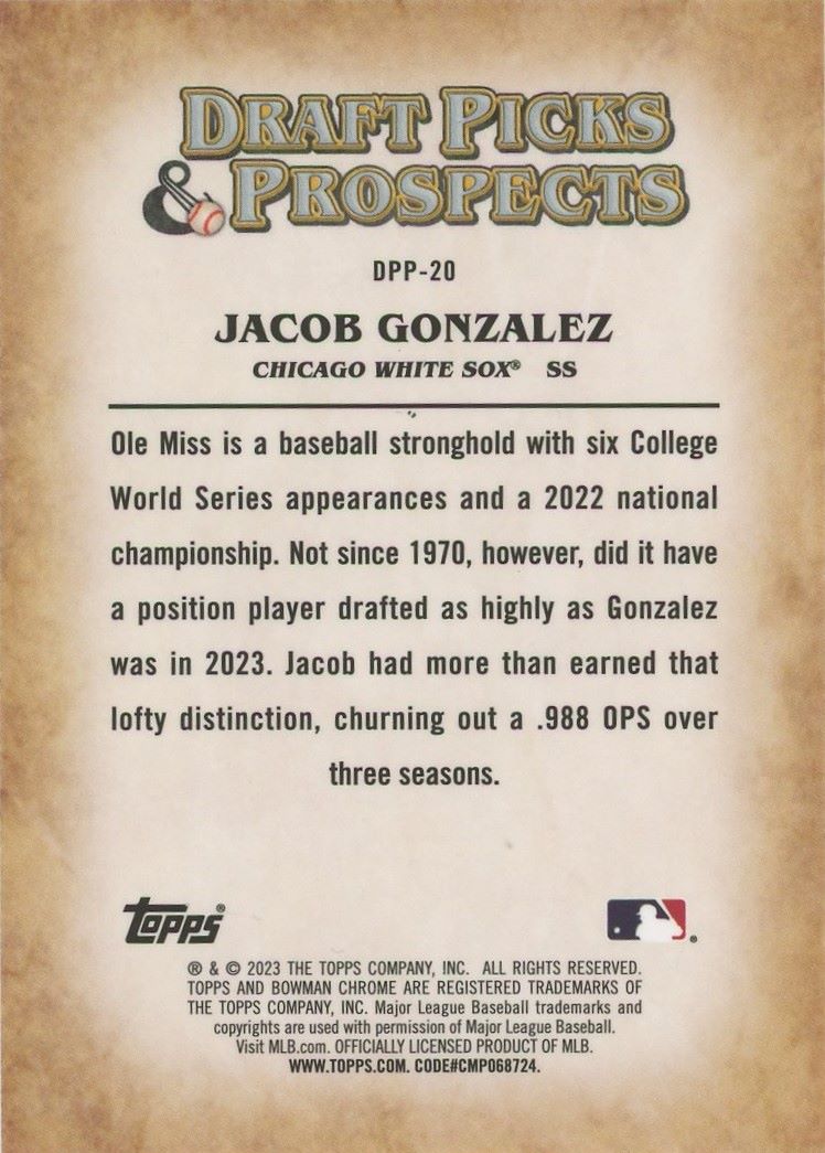 2023 Bowman Draft Chrome Jacob Gonzalez Draft Picks and Prospects #DPP-20