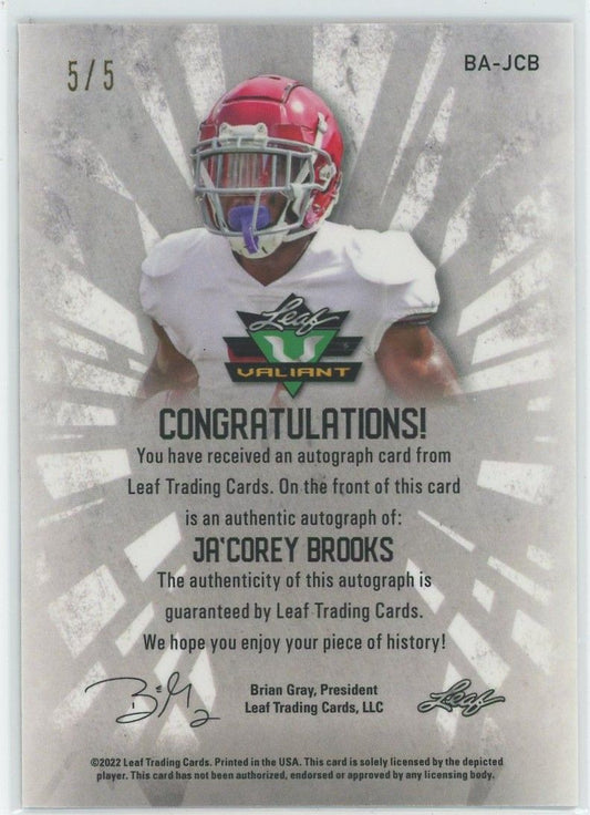 2022 Leaf Valiant Football Ja'Corey Brooks Orange Cracked Ice Auto #5/5 #BA-JCB