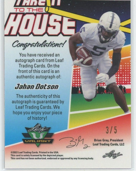 2022 Leaf Valiant Football Jahan Dotson Pink Cracked Ice Auto #3/5 #TH-JD1