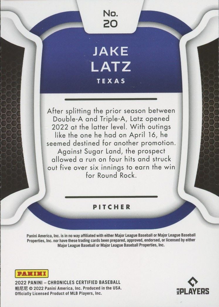 2022 Panini Chronicles Jake Latz Certified Baseball Rookie #20