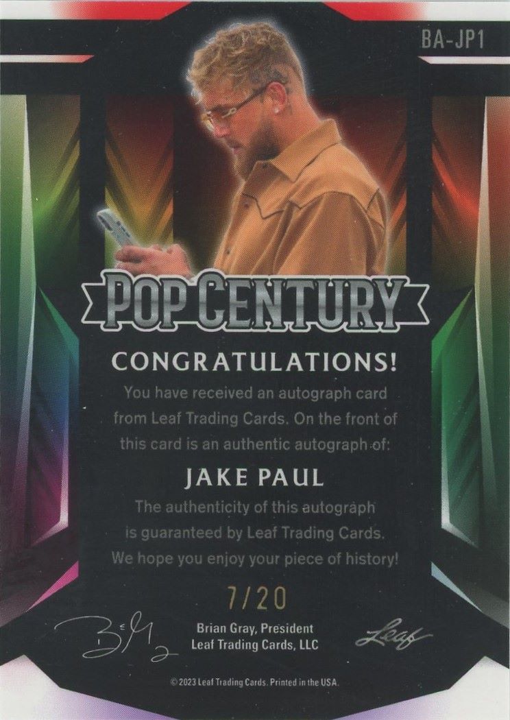 2023 Pop Century Jake Paul Signatures Autograph Signed Card Silver Wave #7/20