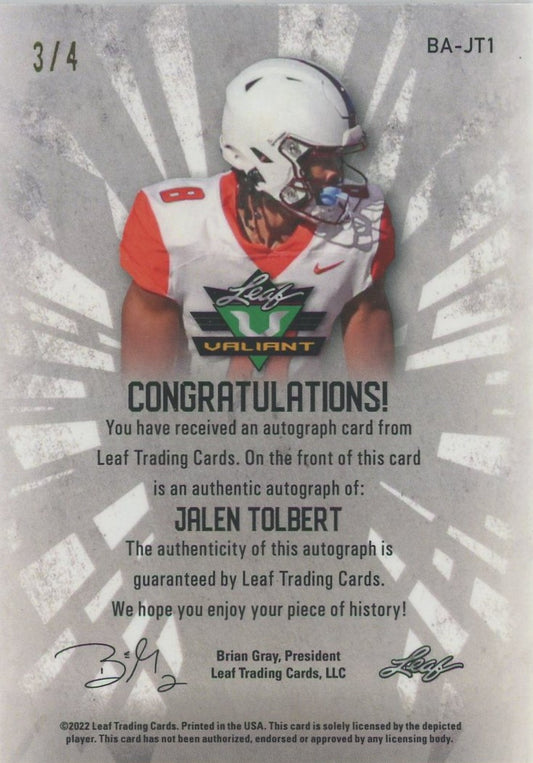 Jalen Tolbert 2022 Leaf Valiant Crystal Navy XRC #3/4 #BA-JT1