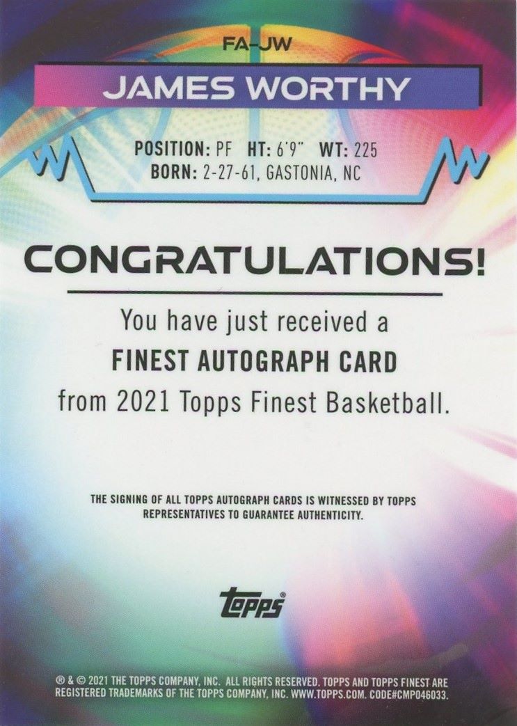 2021 Topps Finest Basketball James Worthy Auto #FA-JW