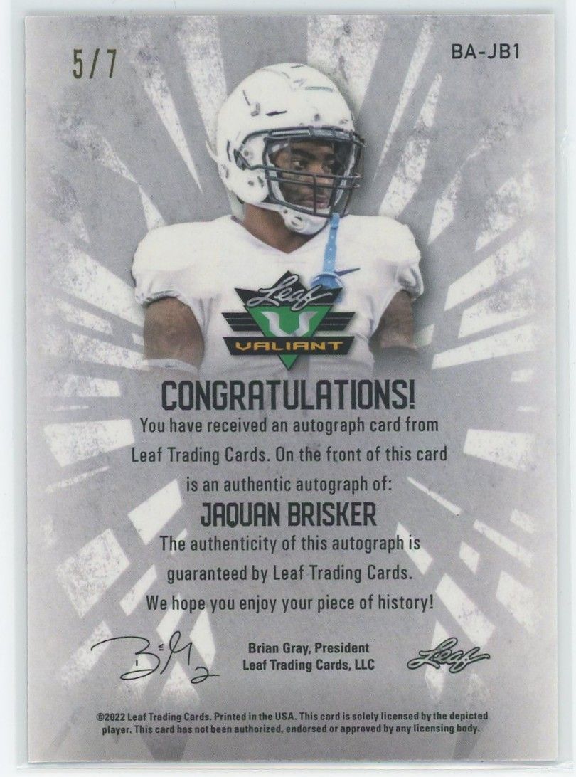 2022 Leaf Valiant Football Jaquan Brisker Pink Auto XRC #5/7 #BA-JB1