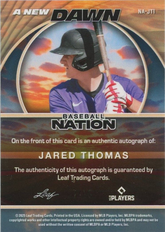 Jared Thomas 2025 Leaf Baseball Nation A New Dawn Silver Shimmer Auto #7/15 #NA-JT1
