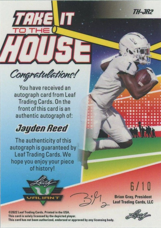 Jayden Reed 2022 Leaf Valiant Take it to the House Auto Purple #6/10 #TH-JR2