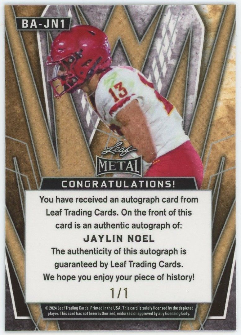2024 Leaf Metal Jaylin Noel Red Cracked Ice Auto #1/1 #BA-JN1